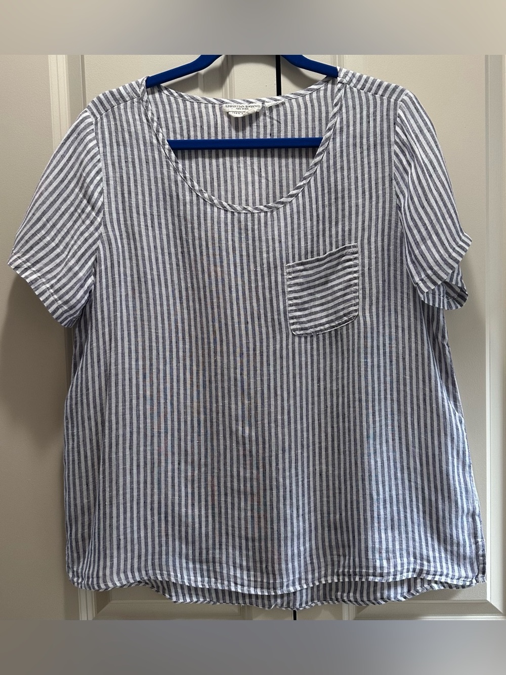 Christian Siriano Blue and White Striped Short Sleeve Blouse